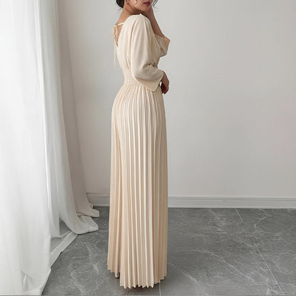 apricot V-Neck Pleated Wide-Leg Jumpsuit