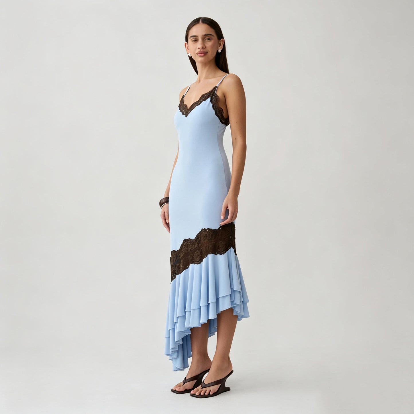 blue V-neck camisole maxi dress with asymmetrical lace splicing & cut-out