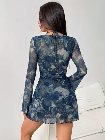 Blue Paisley Print Long Sleeve Mini Dress Premium Fabric - product view 3