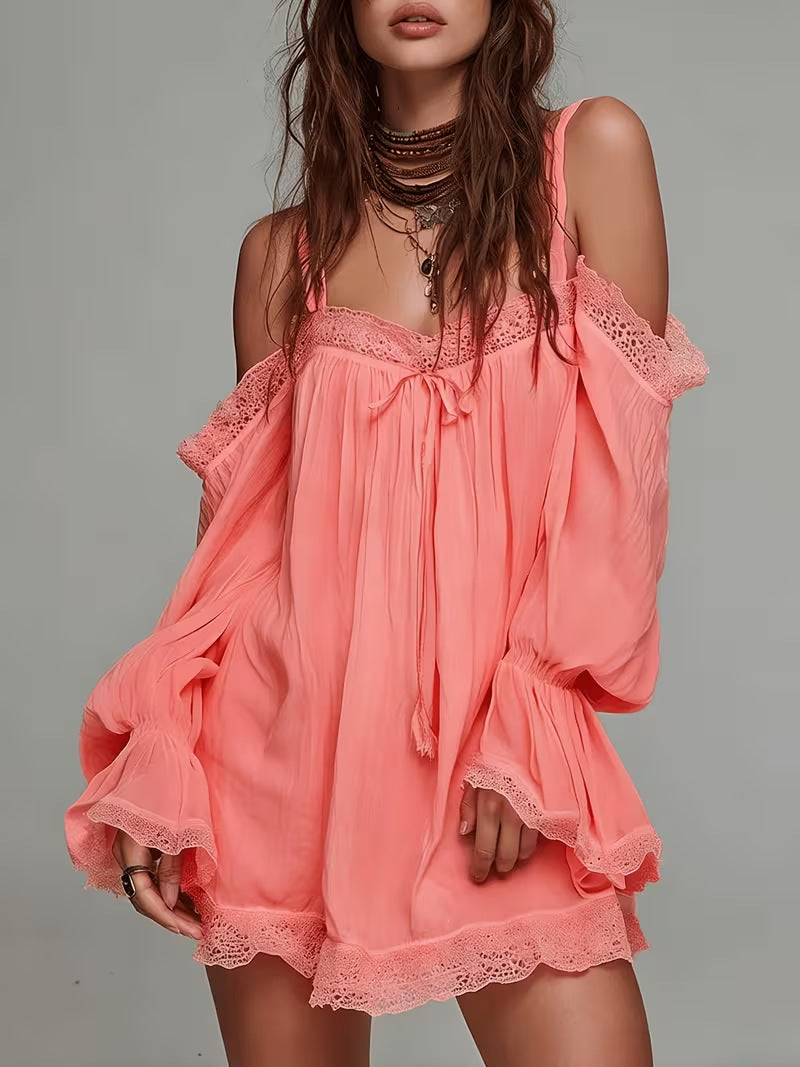 off-shoulder camisole mini dress with lace trim
