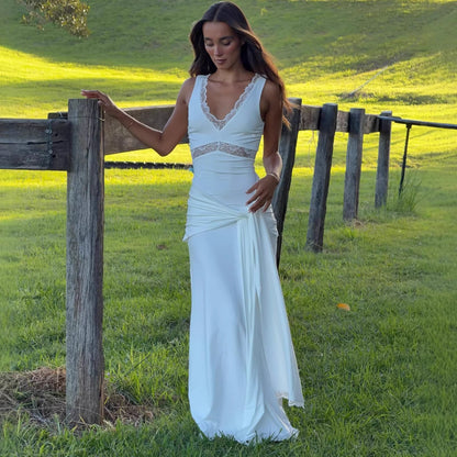 white lace patchwork slim fit streamer dress