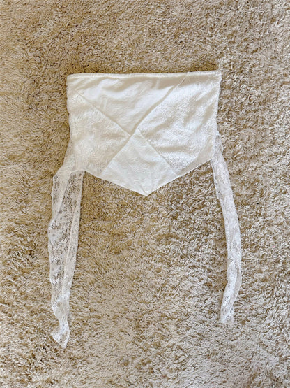 lace bow tie embroidered hollowed out irregular high-waist short strapless top with irregular edges