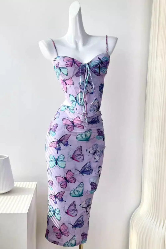 butterfly suspender mesh print fishbone skirt set
