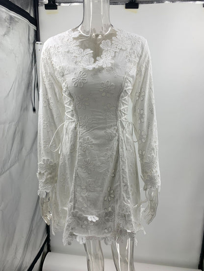 Long-sleeved tie-up lace V-neck mini dress
