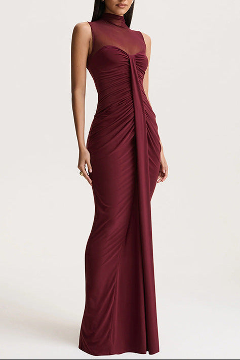 red wine mesh high neck sleeveless splicing pleated dress