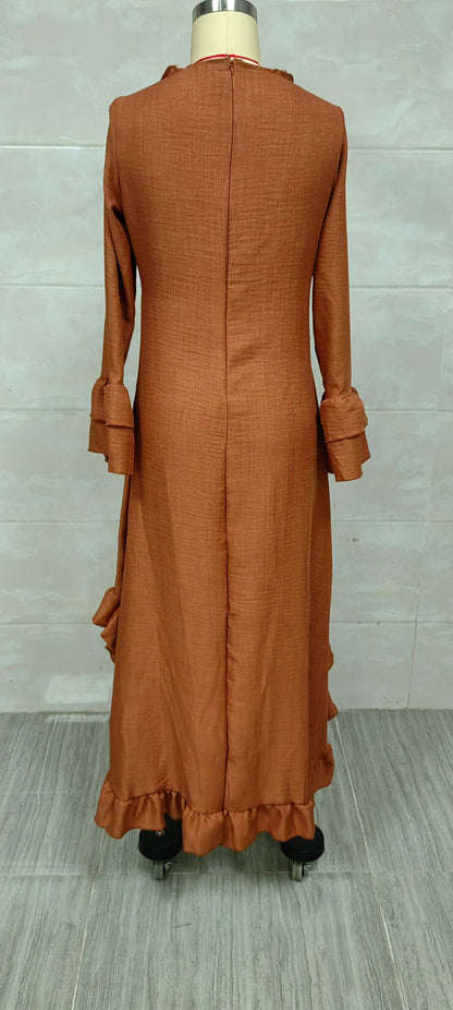 Bohemian-style ruffled asymmetrical V-neck maxi dress