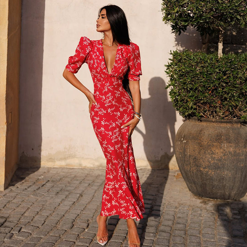 red puff sleeve floral dress