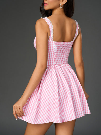 Pink plaid lace patchwork slip mini dress