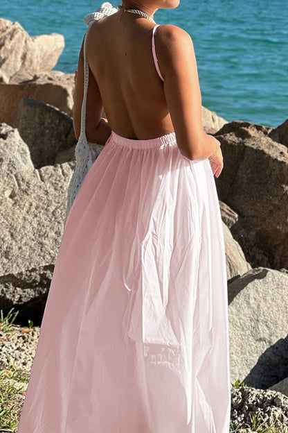 pink suspender deep V high-waisted loose dress