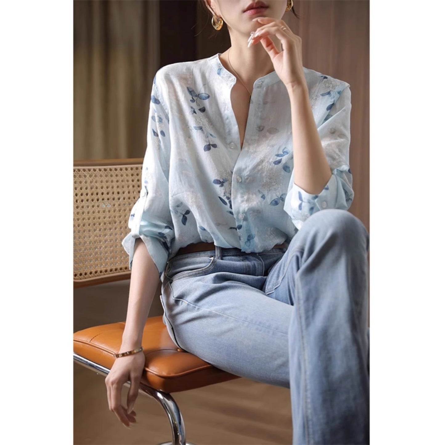 blue Three-quarter sleeve printed cotton shirt
