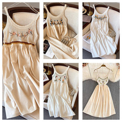Hollow-out embroidered camisole midi dress