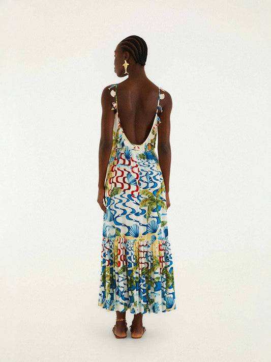 printed lace-up halter backless maxi dress