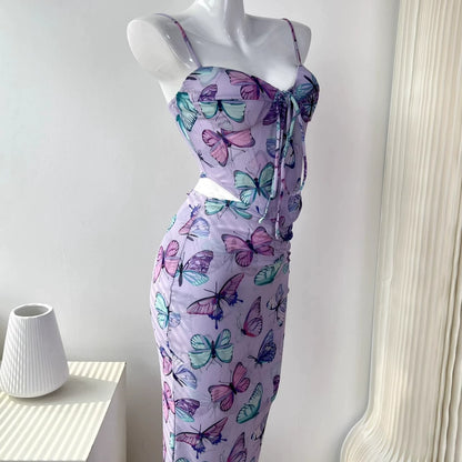 butterfly suspender mesh print fishbone skirt set