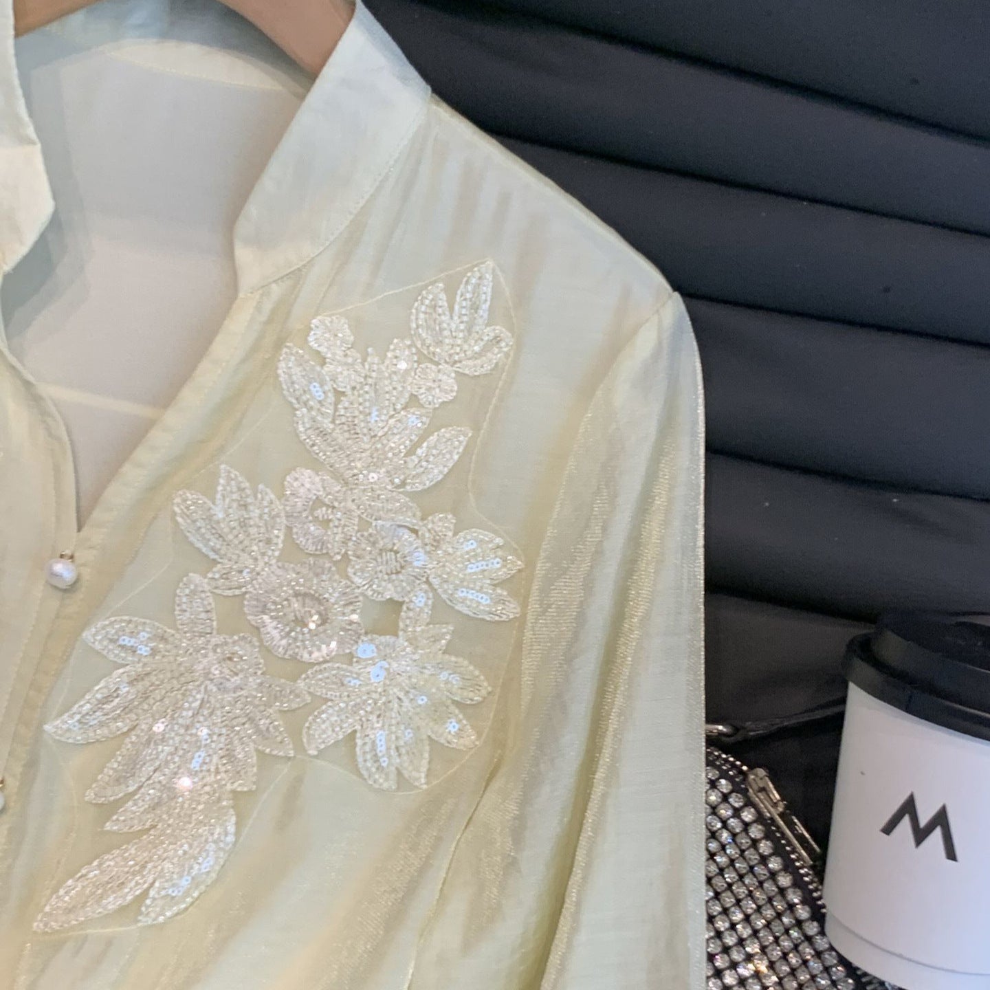 V-neck shirt with 3D sequined floral patchwork