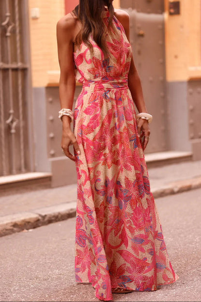 Printed Wrap-Style halter Ruched Maxi Dress - Red