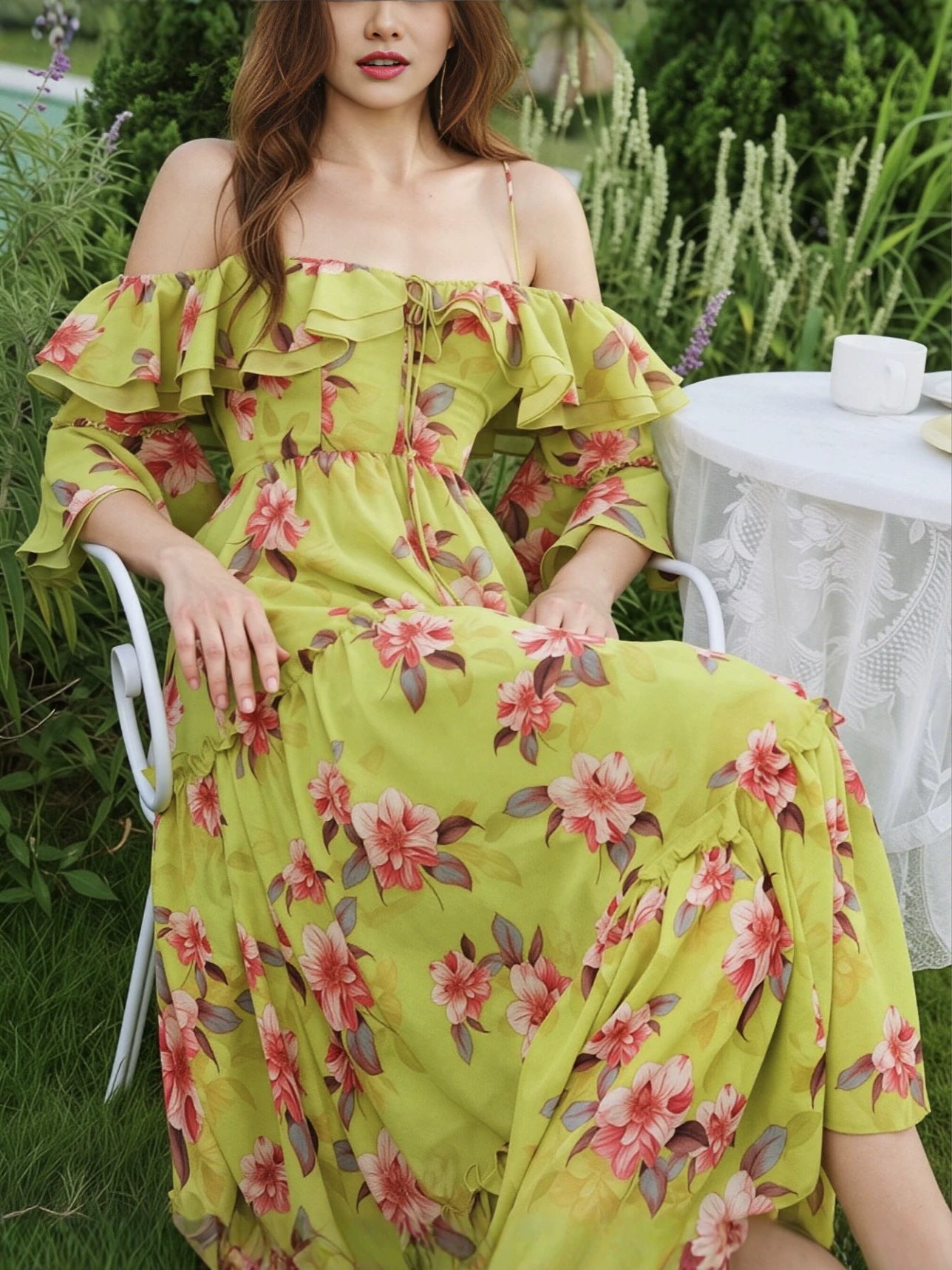 floral print ruffle slit camisole maxi dress - green