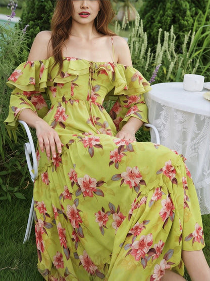 floral print ruffle slit camisole maxi dress - green