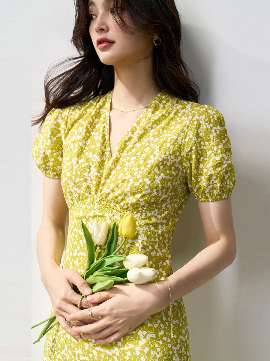 High-waisted V-neck pleated texture floral print midi dress - green