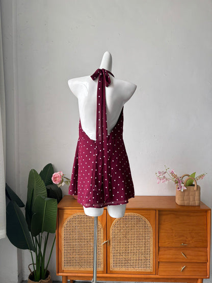 red polka dot halterneck backless mini dress