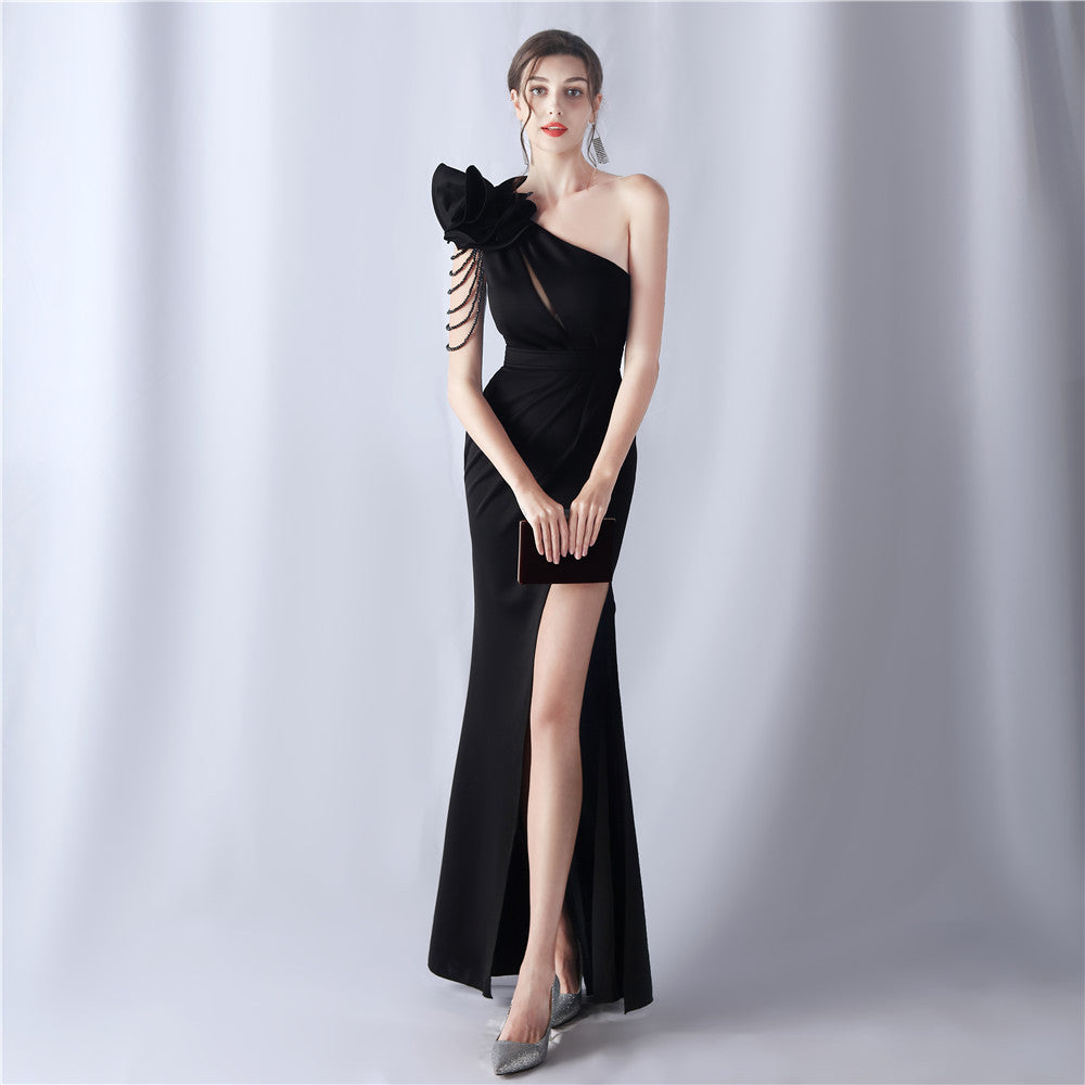 DEBBY BLACK ONE SHOULDER FLOWER CUT OUT SLIT MAXI DRESS