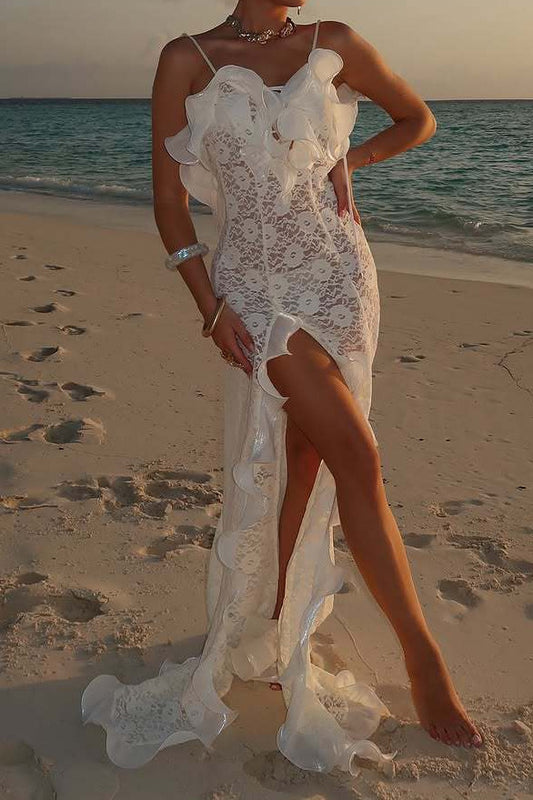 Lace V-neck Backless Pleated Ruffle slit maxi Dress