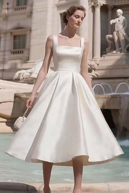 Sharon White Square Neck Satin Midi Wedding Dress