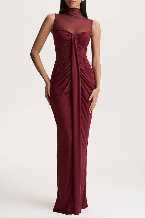 red wine mesh high neck sleeveless splicing pleated dress