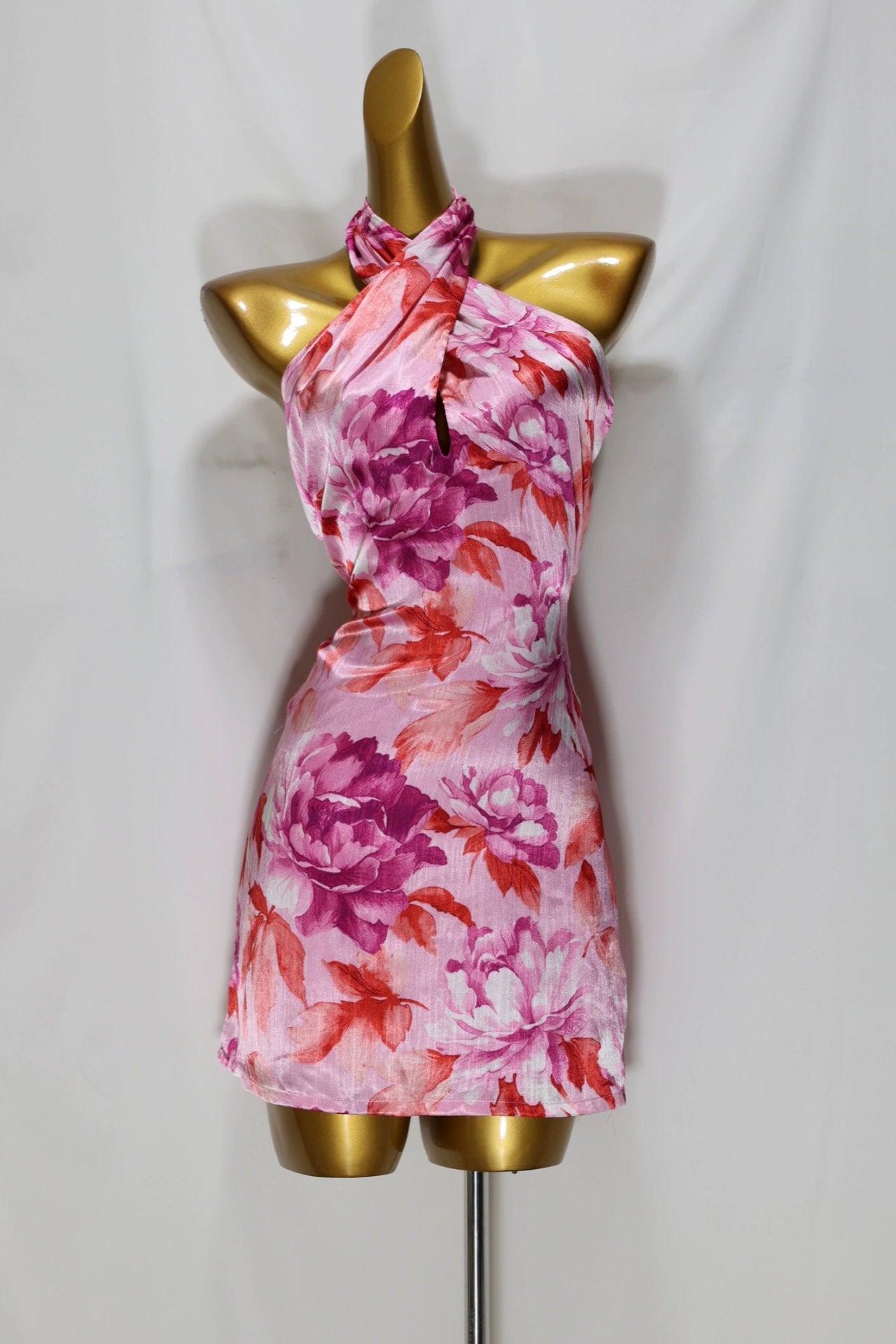 pink satin flower mini dress