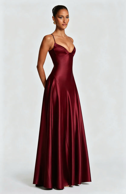 red wine Spaghetti Deep V Large Swing maxi Dress