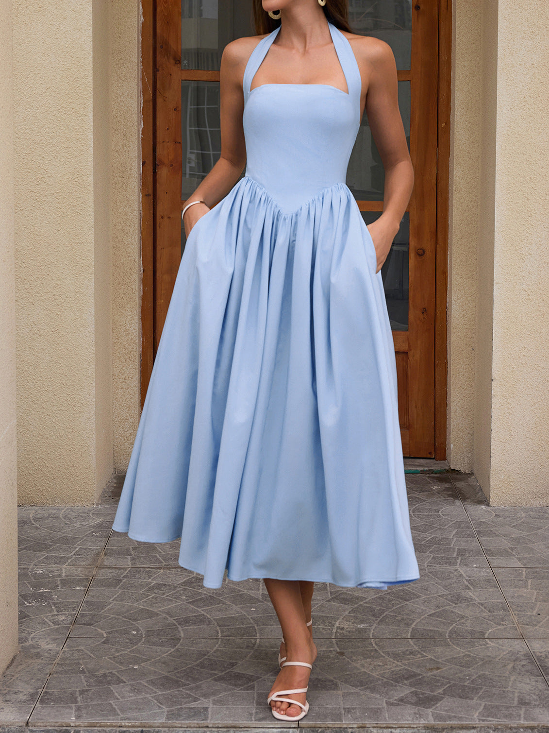 blue halterneck strap backless midi dress