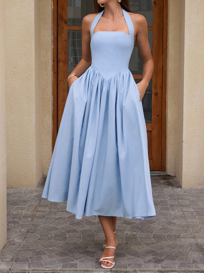 blue halterneck strap backless midi dress