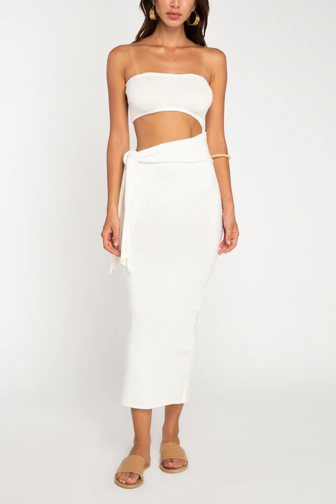 white cut-out backless bandeau lace-up knitted dress