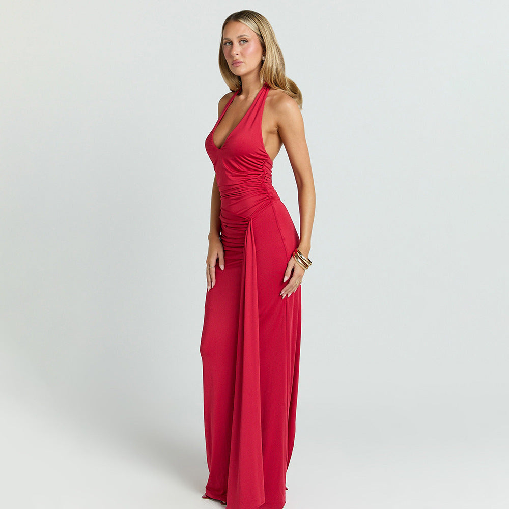 red deep V halterneck open back streamer dress
