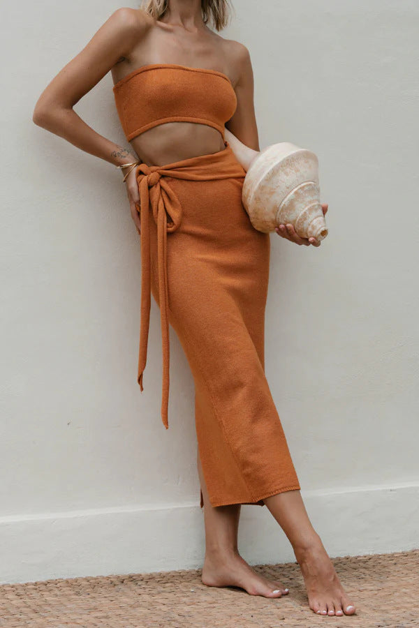 orange cut-out backless bandeau lace-up knitted dress