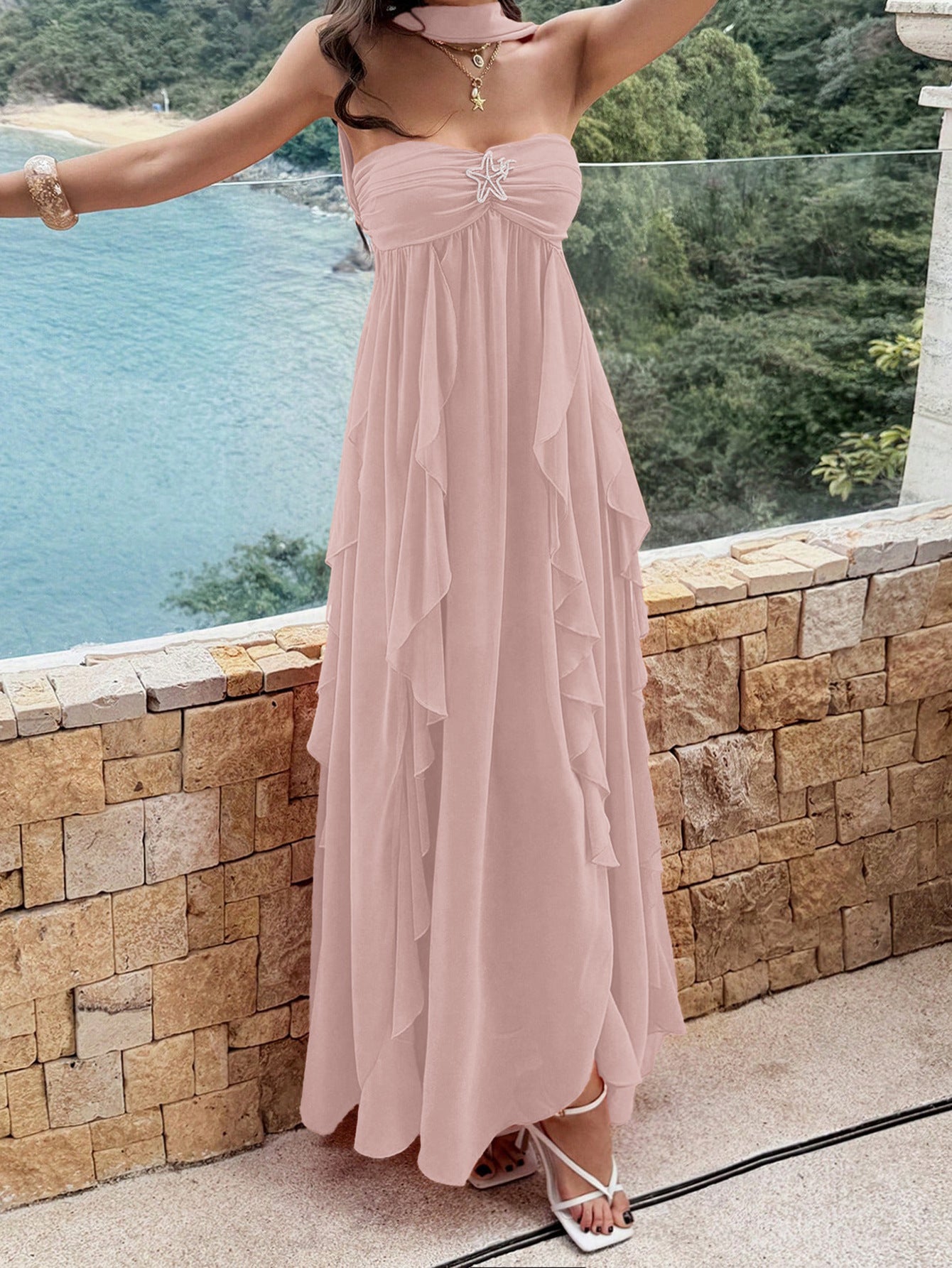 pink bandeau layered ruffled dress