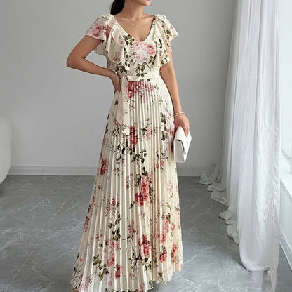 floral print ruffle sleeve V-neck pressed pleated long dress