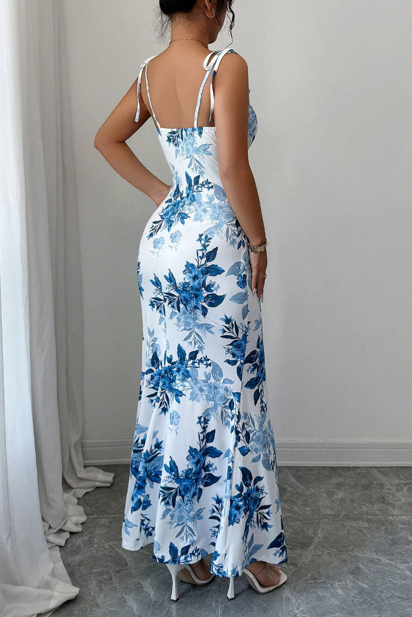 Tie-Strap Ruched Floral Split Mermaid Dress