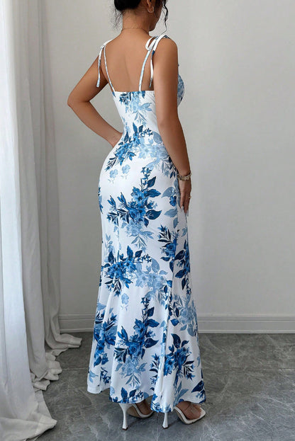 Tie-Strap Ruched Floral Split Mermaid Dress