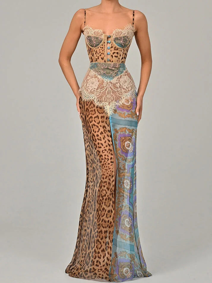 Slit leopard-print lace maxi dress