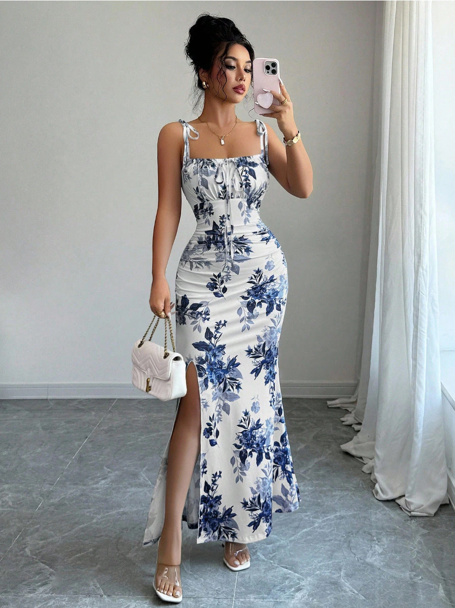 Tie-Strap Ruched Floral Split Mermaid Dress