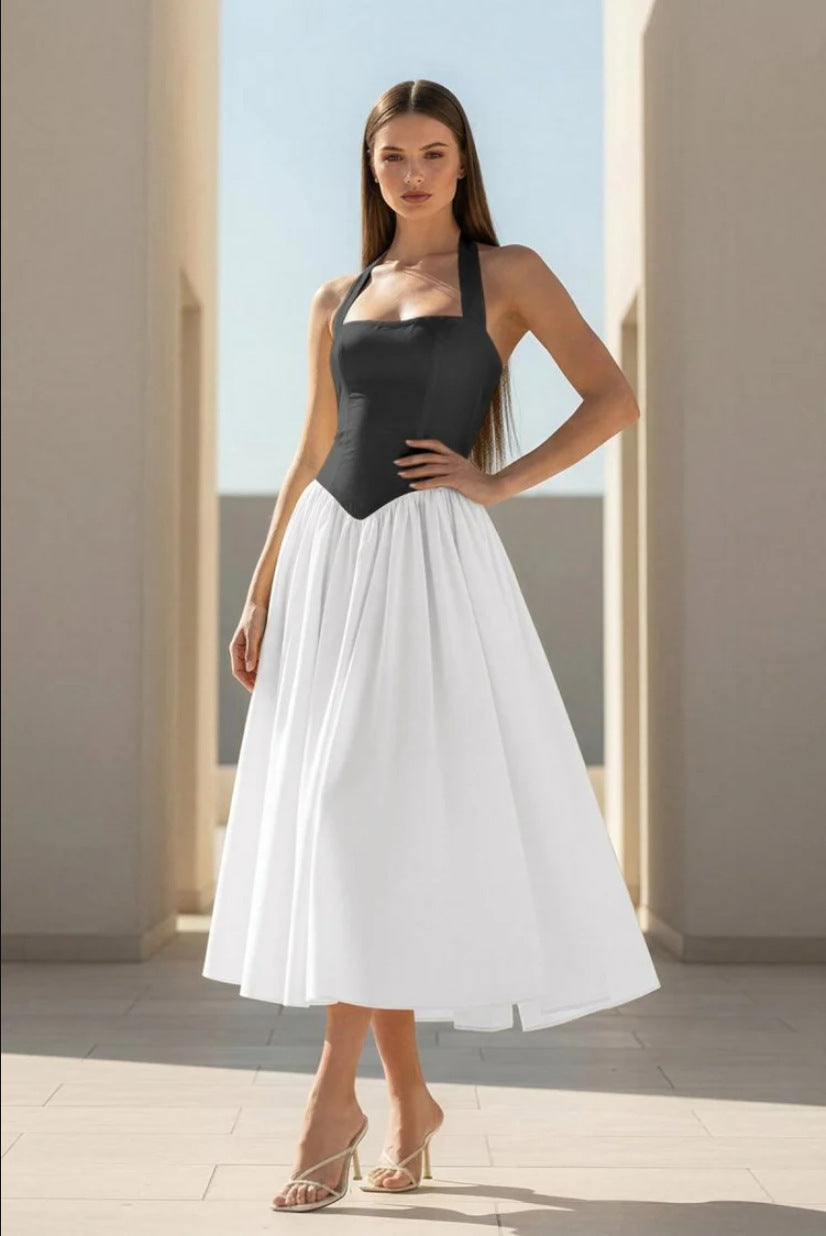 black and white Halter Strappy Backless midi Dress