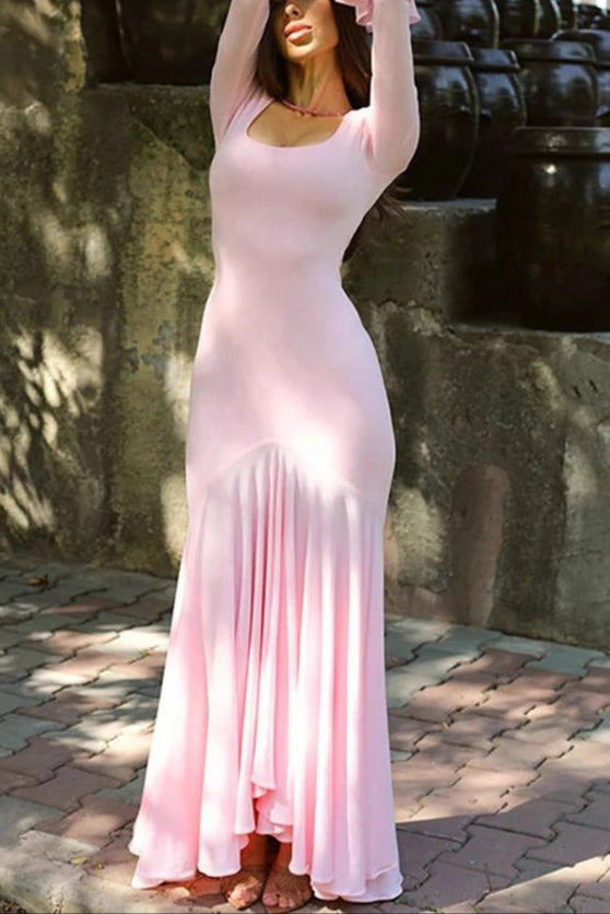 pink splicing irregular flared sleeve dress