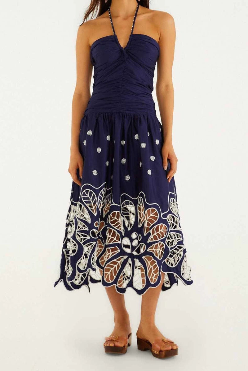 Printed halter-neck hollow midi dress - navy blue