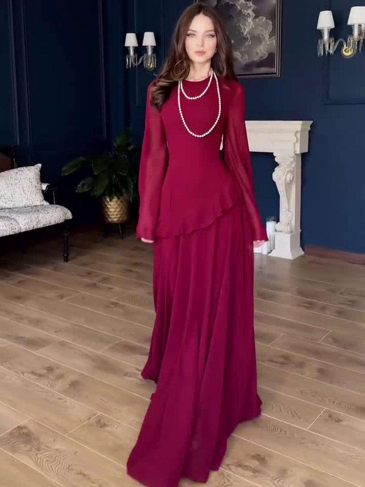 red long-sleeved maxi dress