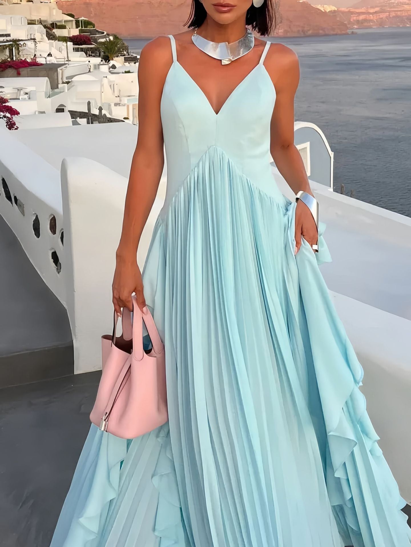 Light Blue Pleated Sleeveless V-Neck maxi Dress