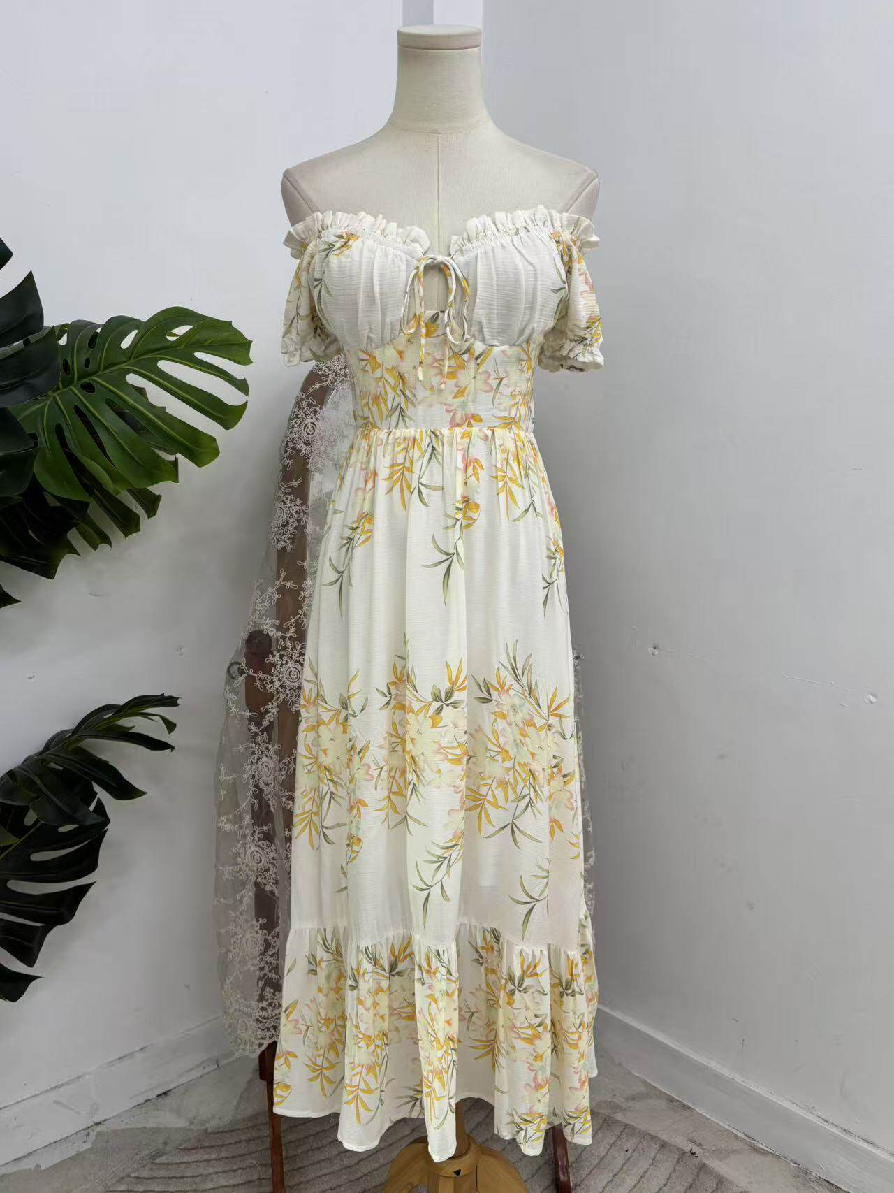 yellow floral pleated puff sleeve dress