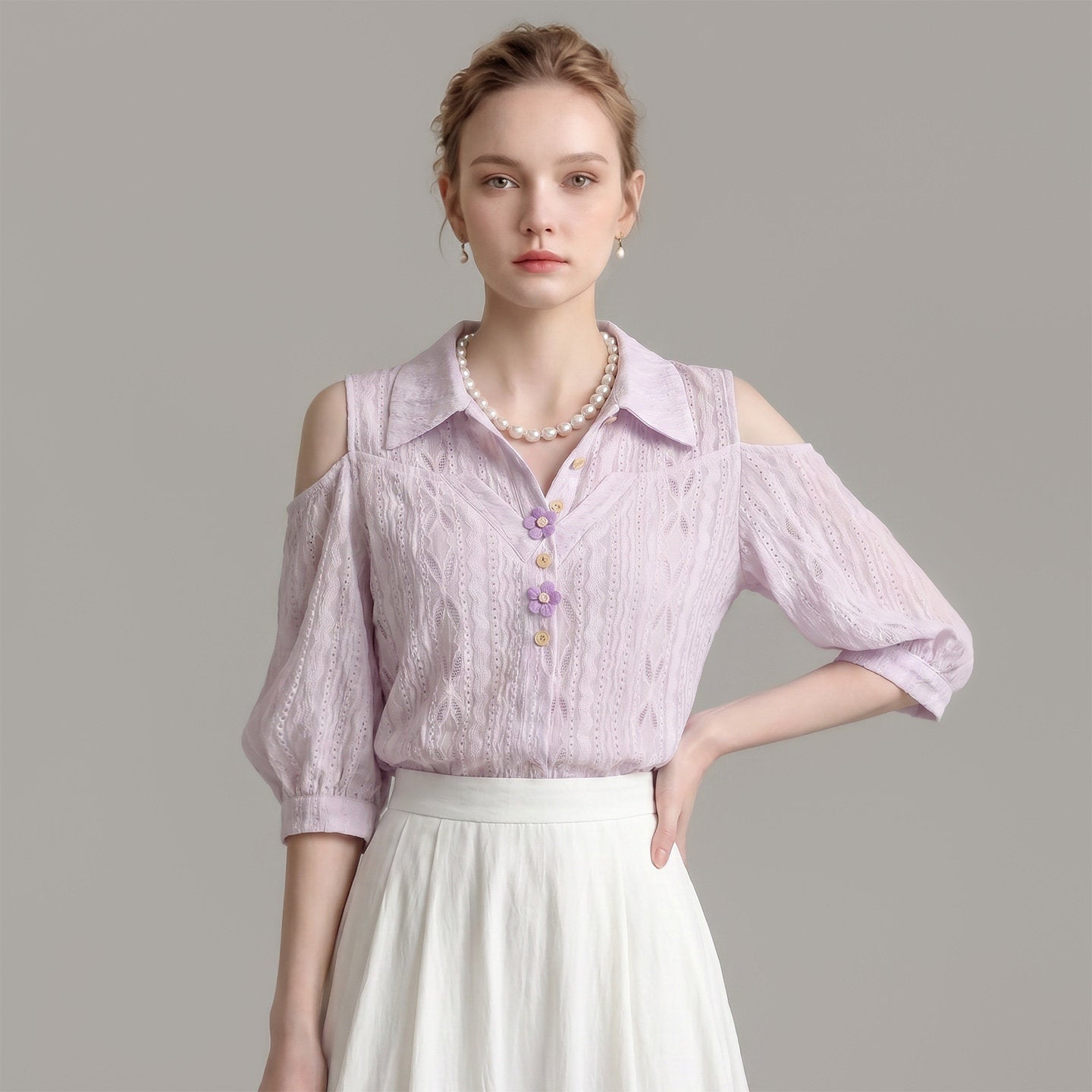 Cold Shoulder Collared Eyelet Blouse With 3D Floral Buttons