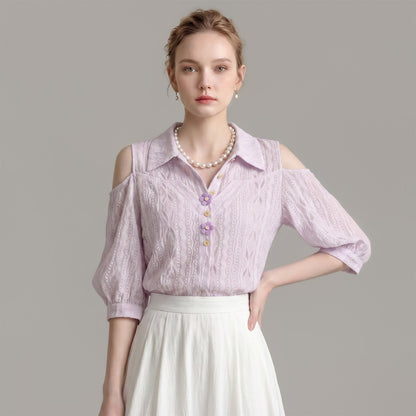 Cold Shoulder Collared Eyelet Blouse With 3D Floral Buttons