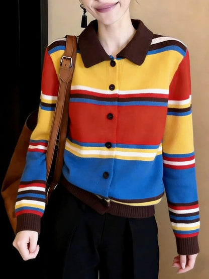 Color-blocked Striped Polo Collar Sweater