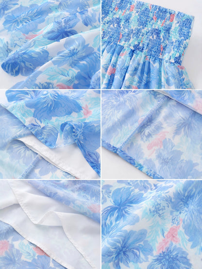 Beach-print strapless midi dress in blue